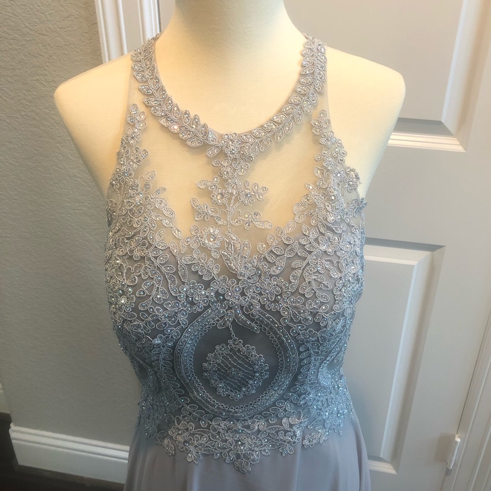 Formal gray beaded/lace dress